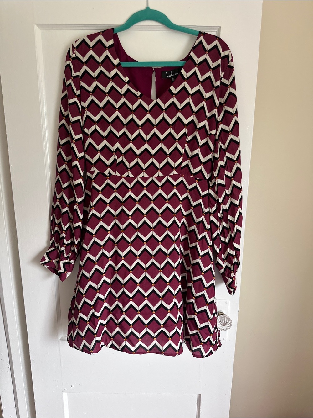 Lulu's Burgundy Chevron Long-Sleeve Fit-and-Flare Dress